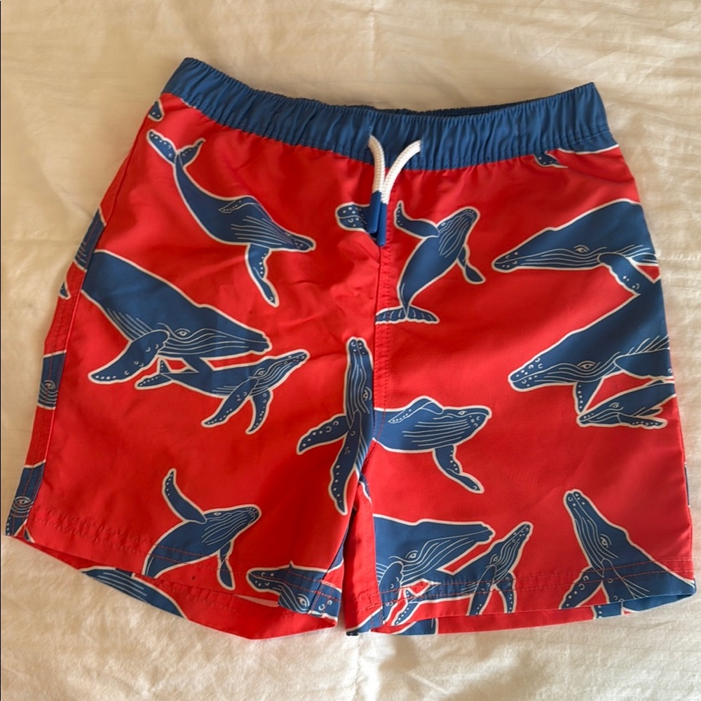 Kids Swim Trunks with Whale Print - Red and Blue
